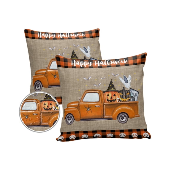 Pack of 2 Outdoor Pillow Covers, Halloween Orange Truck Pumpkin Ghost Linen Waterproof Square Throw Pillowcase Cushion Decorative Pillow Covers for Couch Patio Tent, 16x16 in
