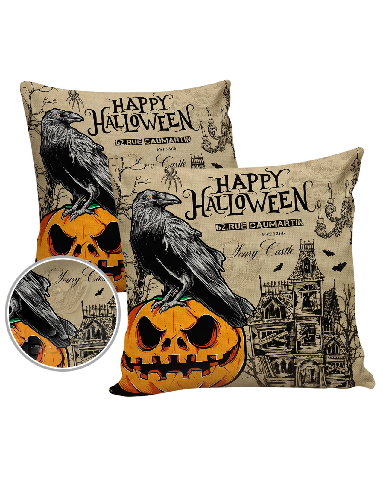Pack of 2 Outdoor Pillow Covers, Halloween Pumpkin Crow Scary Castle