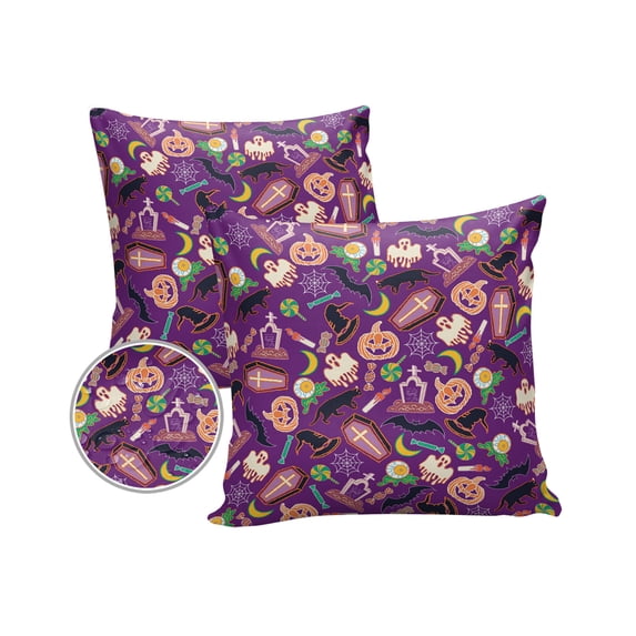 Pack of 2 Outdoor Pillow Covers, Hallowmas Cartoon Pumpkin Bats and Cats Purple Texture Waterproof Square Throw Pillowcase Cushion Decorative Pillow Covers for Couch Patio Tent, 18x18 in