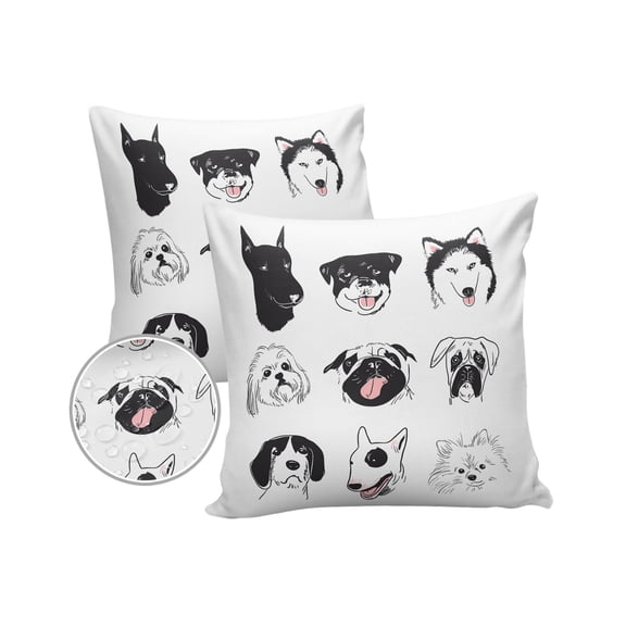 Pack of 2 Outdoor Pillow Covers, Hand Drawn Cute Dog Head Animal Pattern Waterproof Square Throw Pillowcase Cushion Decorative Pillow Covers for Couch Patio Tent, 18x18 in