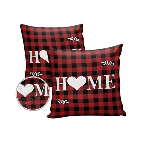Pack of 2 Outdoor Pillow Covers, Happy Christmas Heart Home Red Plaid Waterproof Square Throw Pillowcase Cushion Decorative Pillow Covers for Couch Patio Tent, 20x20 in