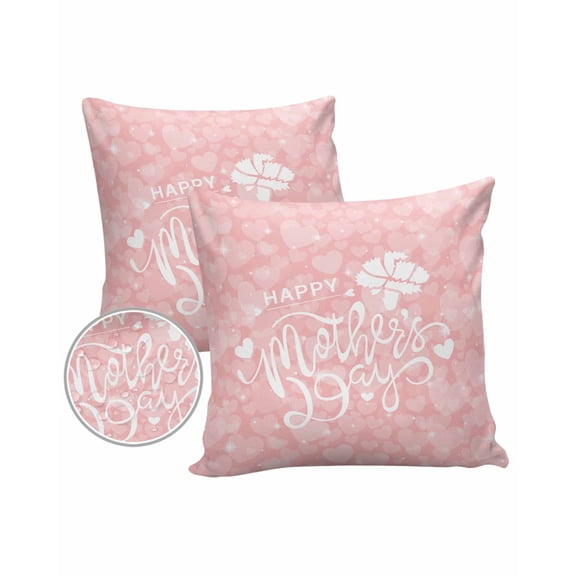 Pack of 2 Outdoor Pillow Covers, Happy Mother's Day Pink Love Heart Waterproof Square Throw Pillowcase Cushion Decorative Pillow Covers for Couch Patio Tent, 16x16 in