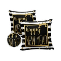 Pack of 2 Outdoor Pillow Covers, Happy New Year Black White Stripe Waterproof Square Throw Pillowcase Cushion Decorative Pillow Covers for Couch Patio Tent, 18x18 in