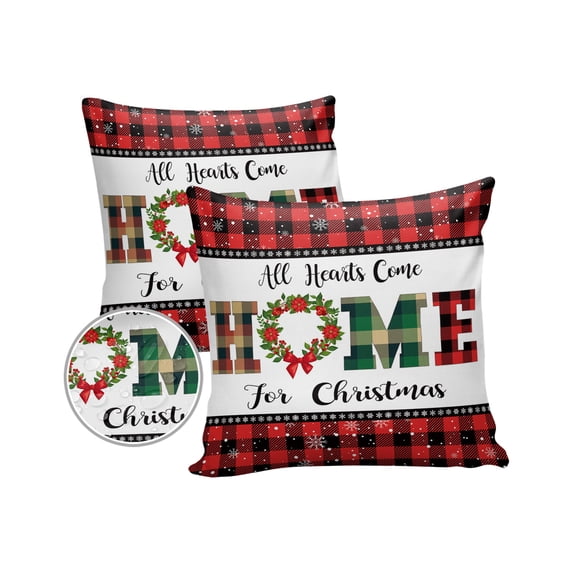 Pack of 2 Outdoor Pillow Covers, All Hearts Come Home for Christmas Red Black Plaid Waterproof Square Throw Pillowcase Cushion Decorative Pillow Covers for Couch Patio Tent, 16x16 in