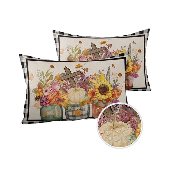 Pack of 2 Outdoor Pillow Covers, Hello Fall Farm Sunflower Plants Black Buffalo Plaid Waterproof Square Throw Pillowcase Cushion Decorative Pillow Covers for Couch Patio Tent, 20x12 in