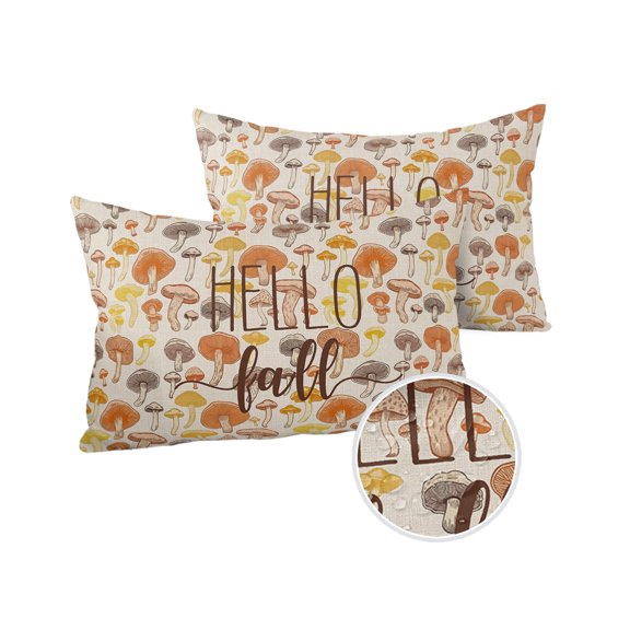 Pack of 2 Outdoor Pillow Covers, Hello Fall Thanksgiving Orange Yellow Mushroom Waterproof Square Throw Pillowcase Cushion Decorative Pillow Covers for Couch Patio Tent, 20x12 in