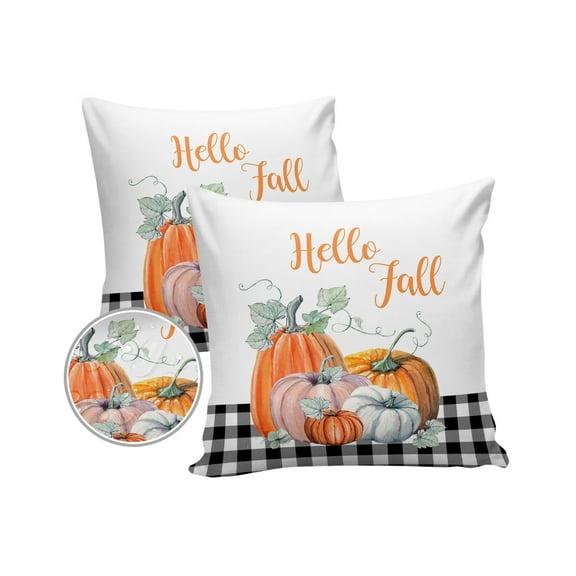 Pack of 2 Outdoor Pillow Covers, Hello Fall Thanksgiving Pumpkin Buffalo Plaid Waterproof Square Throw Pillowcase Cushion Decorative Pillow Covers for Couch Patio Tent, 18x18 in