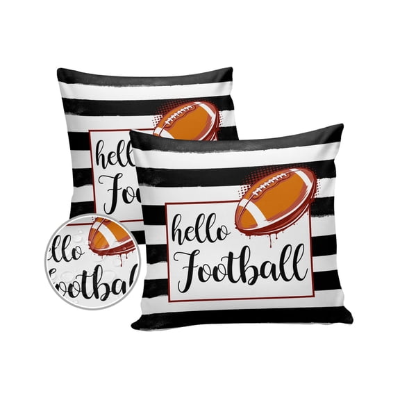 Pack of 2 Outdoor Pillow Covers, Hello Football Black and White Stripes Waterproof Square Throw Pillowcase Cushion Decorative Pillow Covers for Couch Patio Tent, 24x24 in