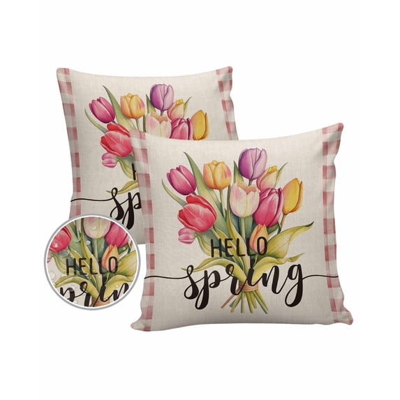 Pack of 2 Outdoor Pillow Covers, Hello Spring Watercolor Tulip Pink Plaid Waterproof Square Throw Pillowcase Cushion Decorative Pillow Covers for Couch Patio Tent, 24x24 in