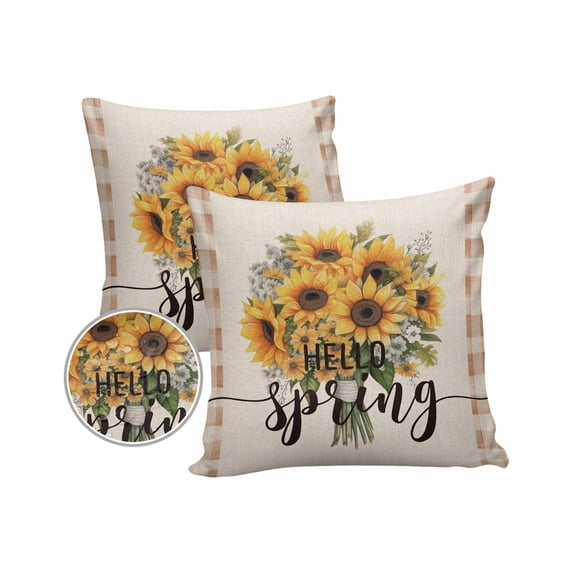 Pack of 2 Outdoor Pillow Covers, Hello Spring Yellow Sunflowers Beige Texture Waterproof Square Throw Pillowcase Cushion Decorative Pillow Covers for Couch Patio Tent, 16x16 in