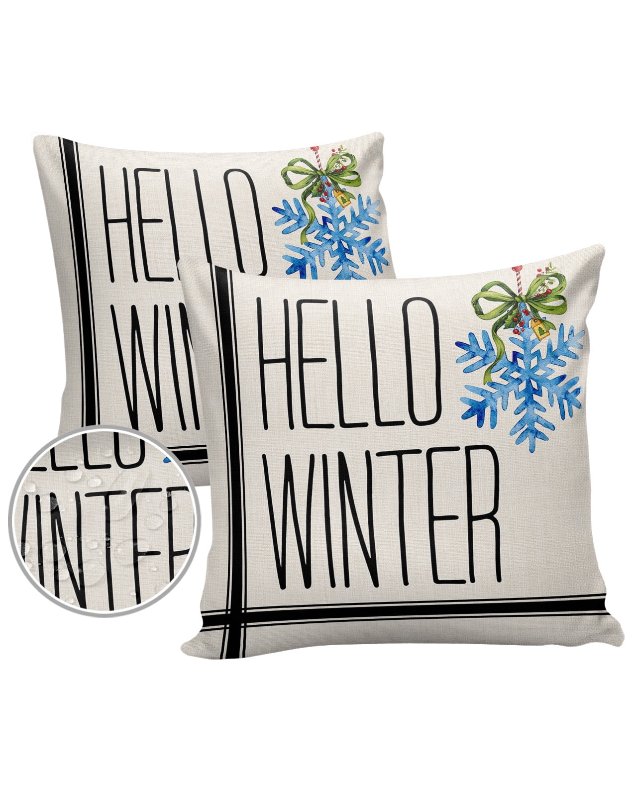 Pack of Outdoor Pillow Covers, Hello Winter Blue Snowflake Cotton and  Linen Waterproof Square Throw Pillowcase Cushion Decorative Pillow Covers  for