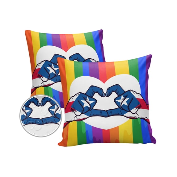Pack of 2 Outdoor Pillow Covers, Homosexual Love Gesture Rainbow Puerto Rico Flag Waterproof Square Throw Pillowcase Cushion Decorative Pillow Covers for Couch Patio Tent, 16x16 in