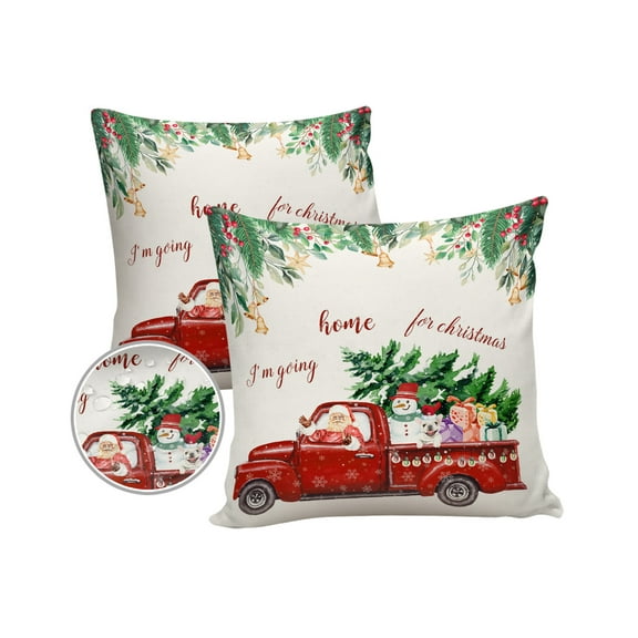 Pack of 2 Outdoor Pillow Covers, I'm Going Home for Christmas,Christmas Tree Truck Snowman Bulldog Waterproof Square Throw Pillowcase Cushion Decorative Pillow Covers for Couch Patio Tent, 18x18 in