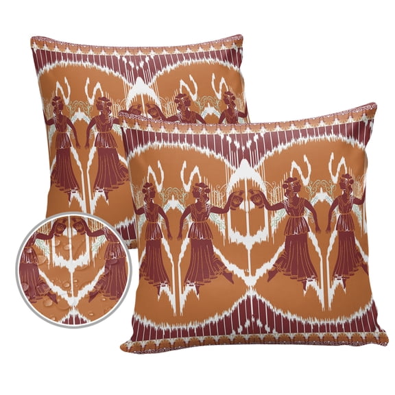 Pack of 2 Outdoor Pillow Covers, Indian Style Women Dancing with Clay Pot Waterproof Square Throw Pillowcase Cushion Decorative Pillow Covers for Couch Patio Tent, 18x18 in