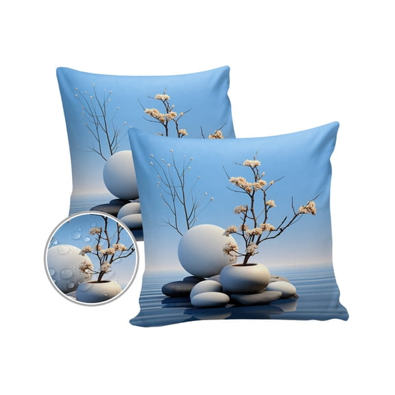 Pack of 2 Outdoor Pillow Covers, Lake Stone Overlay with Vases Zen Buddhism Waterproof Square Throw Pillowcase Cushion Decorative Pillow Covers for Couch Patio Tent, 16x16 in