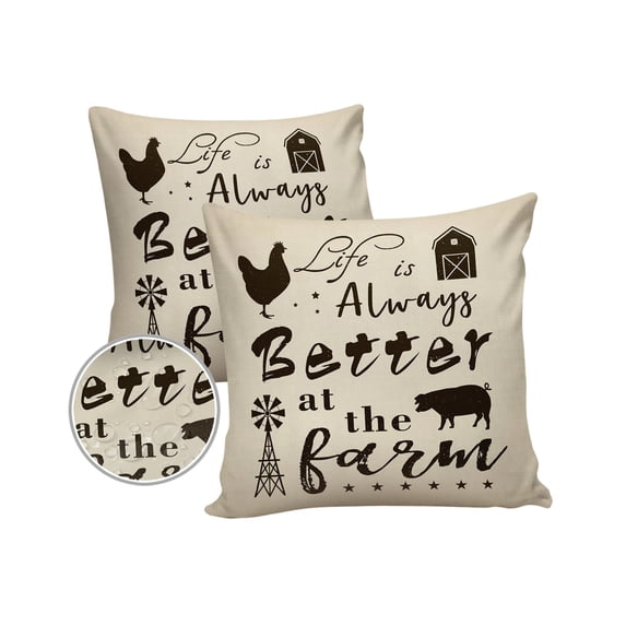 Pack of 2 Outdoor Pillow Covers, Life is Always Better On The Farm Vintage Chickens Pig Windmill Waterproof Square Throw Pillowcase Cushion Decorative Pillow Covers for Couch Patio Tent, 26x26 in