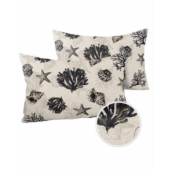Pack of 2 Outdoor Pillow Covers, Linen Black Starfish Conch Shell Pattern Waterproof Square Throw Pillowcase Cushion Decorative Pillow Covers for Couch Patio Tent, 20x12 in