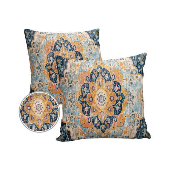 Pack of 2 Outdoor Pillow Covers, Meddle Century Vintage Blue Carpet Mural Pattern Waterproof Square Throw Pillowcase Cushion Decorative Pillow Covers for Couch Patio Tent, 18x18 in