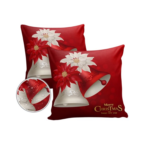 Pack of 2 Outdoor Pillow Covers, Merry Christmas Bell Poinsettia Floral Red Waterproof Square Throw Pillowcase Cushion Decorative Pillow Covers for Couch Patio Tent, 24x24 in
