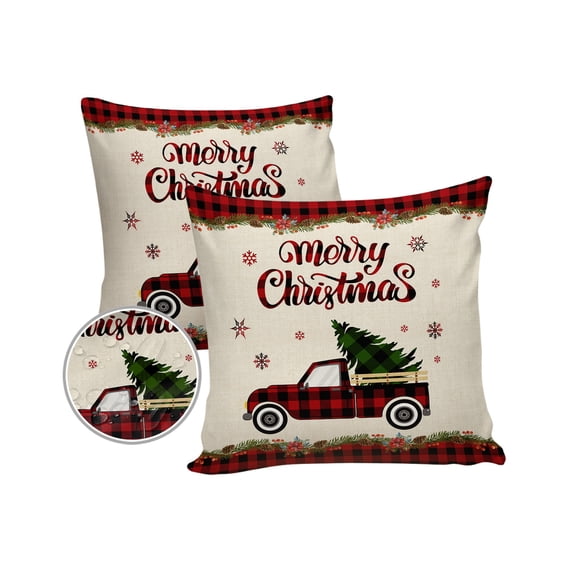 Pack of 2 Outdoor Pillow Covers, Merry Christmas Buffalo Check Plaid Truck Tree Xmas Snowflake Waterproof Square Throw Pillowcase Cushion Decorative Pillow Covers for Couch Patio Tent, 20x20 in