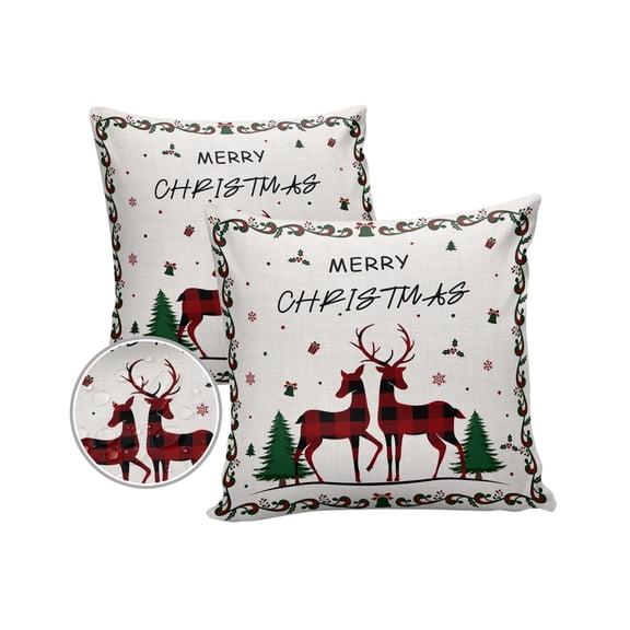 Pack of 2 Outdoor Pillow Covers, Merry Christmas Elk and Xmas Tree Floral Border Waterproof Square Throw Pillowcase Cushion Decorative Pillow Covers for Couch Patio Tent, 18x18 in