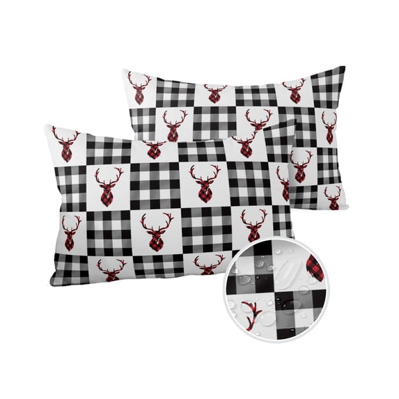 Pack of 2 Outdoor Pillow Covers, Merry Christmas Winter Elk Black and White Plaid Waterproof Square Throw Pillowcase Cushion Decorative Pillow Covers for Couch Patio Tent, 20x12 in