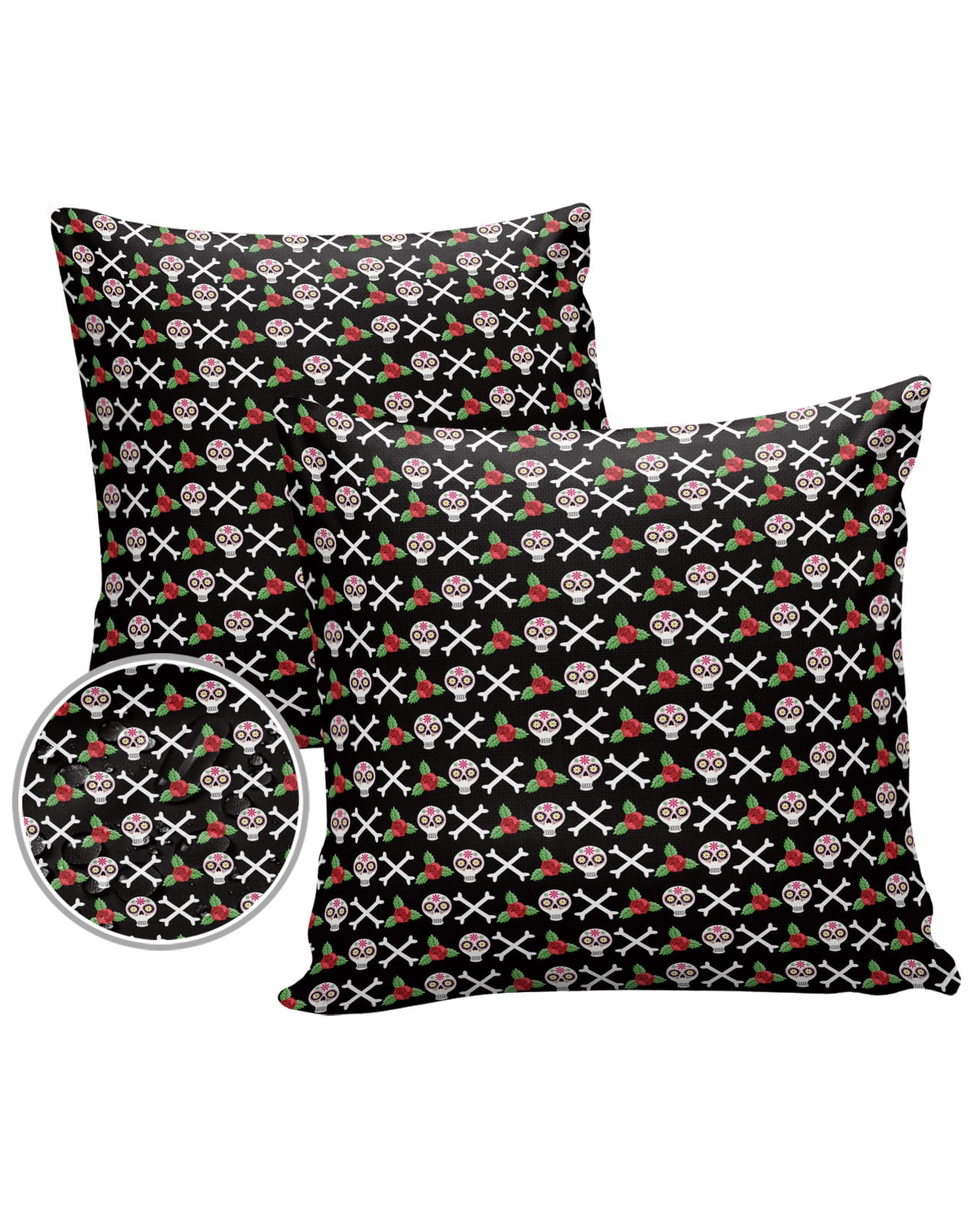 Pack of 2 Outdoor Pillow Covers, Mexico Skull Flower Black Background