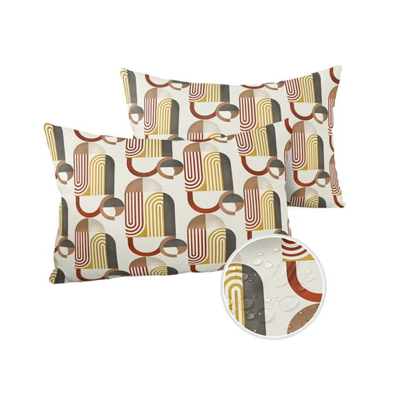 Pack of 2 Outdoor Pillow Covers, Mid-Century Modern Geometric Abtract Print Beige Waterproof Square Throw Pillowcase Cushion Decorative Pillow Covers for Couch Patio Tent, 20x12 in