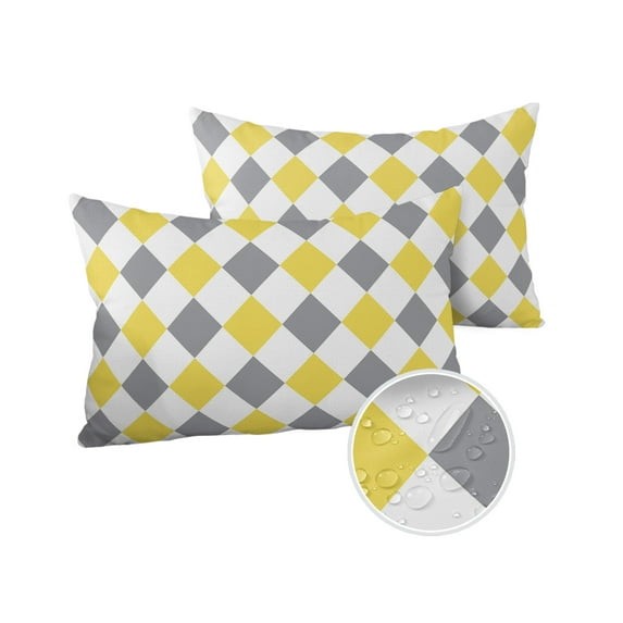 Pack of 2 Outdoor Pillow Covers, Modern Art Diamond Lattice Yellow Gray Plaid Waterproof Square Throw Pillowcase Cushion Decorative Pillow Covers for Couch Patio Tent, 20x12 in