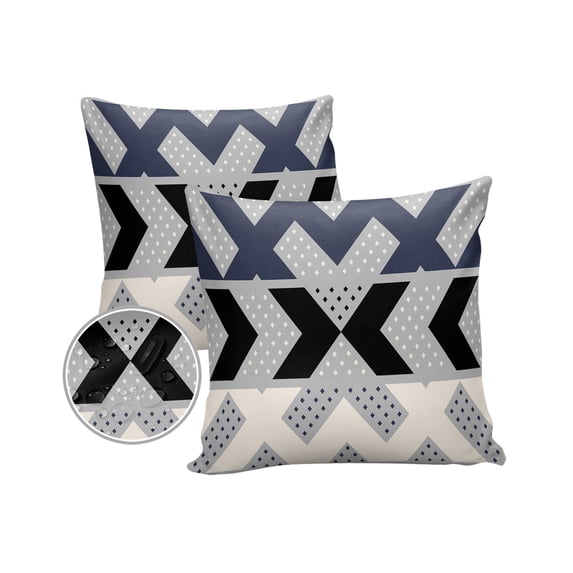 Pack of 2 Outdoor Pillow Covers, Modern Geometric Blue Black White Pattern Waterproof Square Throw Pillowcase Cushion Decorative Pillow Covers for Couch Patio Tent, 18x18 in
