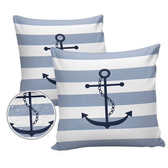 Pack of 2 Outdoor Pillow Covers, Nautical Anchor Sky Blue and White Striped Waterproof Square Throw Pillowcase Cushion Decorative Pillow Covers for Couch Patio Tent, 16x16 in