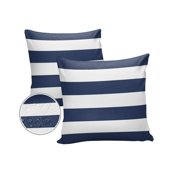 Pack of 2 Outdoor Pillow Covers, Navy Blue and White Horizontal Stripes Pattern Waterproof Square Throw Pillowcase Cushion Decorative Pillow Covers for Couch Patio Tent, 20x20 in