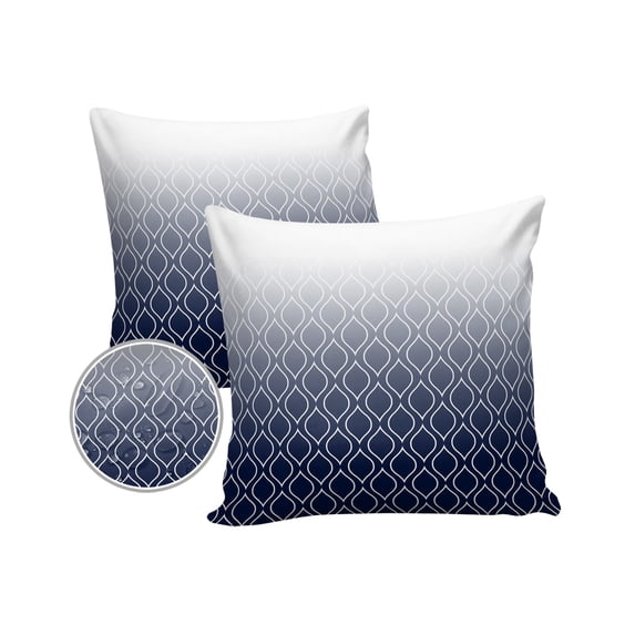 Pack of 2 Outdoor Pillow Covers, Navy Blue White Ombre Geometric Trellis Morrocan Waterproof Square Throw Pillowcase Cushion Decorative Pillow Covers for Couch Patio Tent, 18x18 in