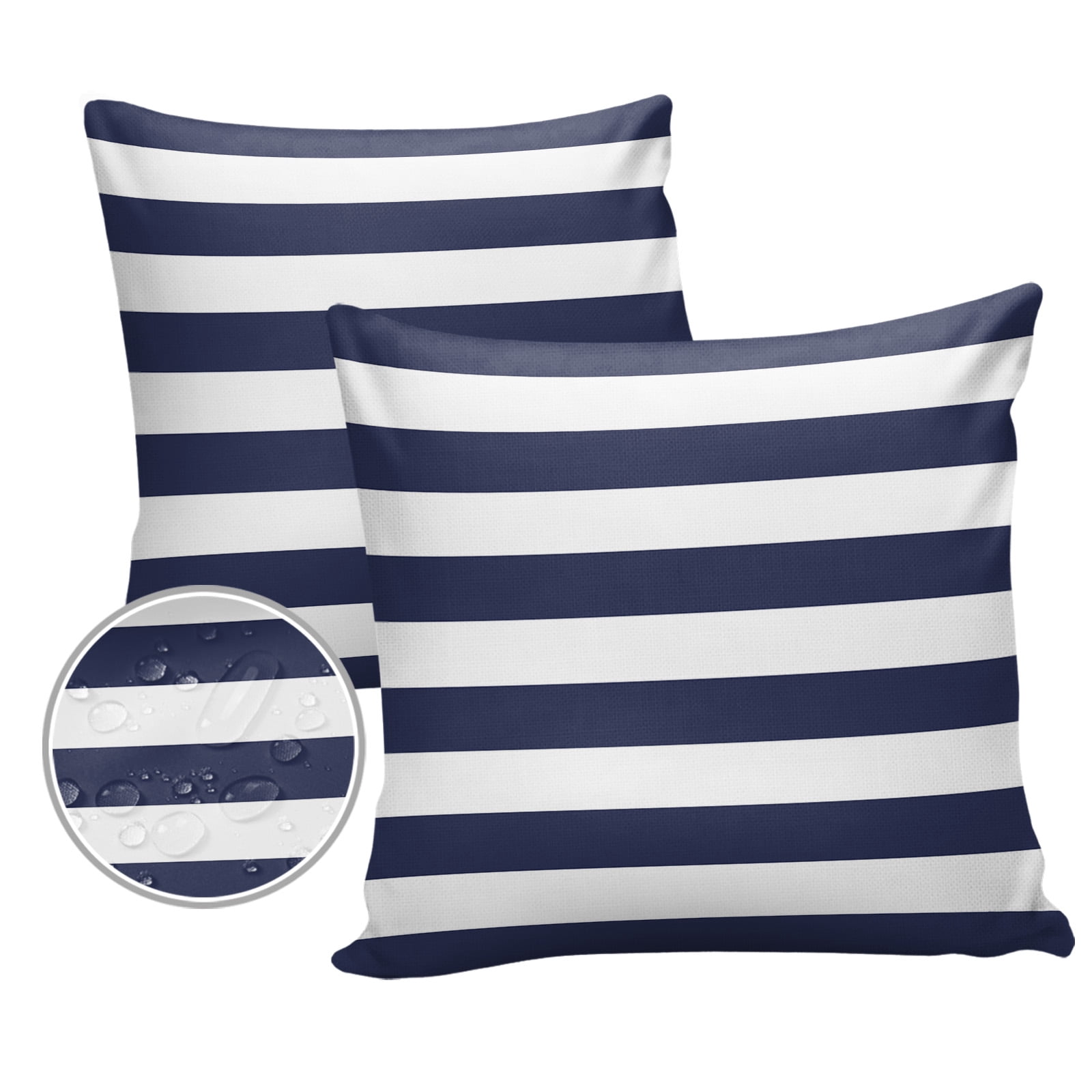 Pack of 2 Outdoor Pillow Covers, Navy Blue White Stripe Waterproof Square Throw Pillowcase Cushion Decorative Pillow Covers for Couch Patio Tent, 16x16 in