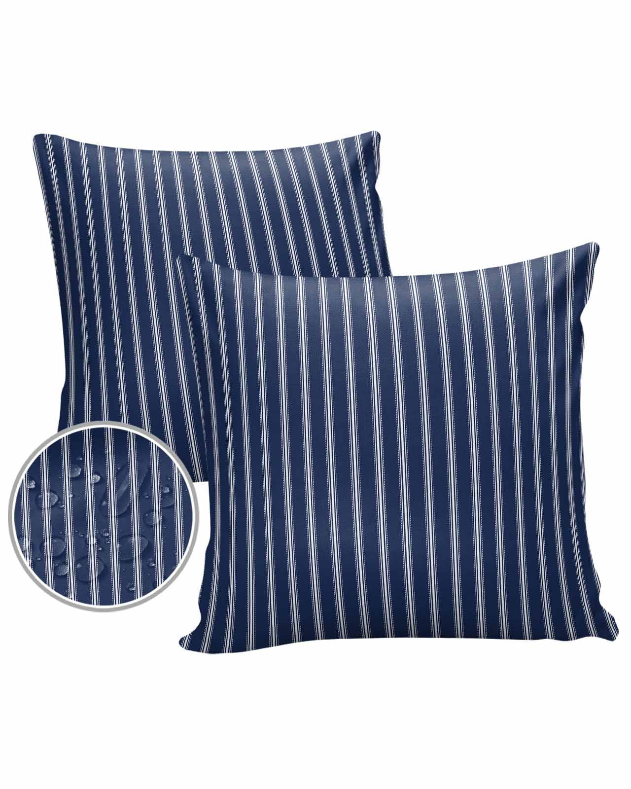 Set of 2 Navy Blue and White Striped Waterproof Square Outdoor Pillow Covers