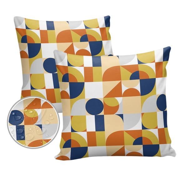 Pack of 2 Outdoor Pillow Covers, Nordic Vintage Yellow Blue Geometric Abstract Art Waterproof Square Throw Pillowcase Cushion Decorative Pillow Covers for Couch Patio Tent, 16x16 in