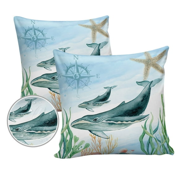 Pack of 2 Outdoor Pillow Covers, Ocean Theme Whale Sea Grass Shells Coral Waterproof Square Throw Pillowcase Cushion Decorative Pillow Covers for Couch Patio Tent, 26x26 in