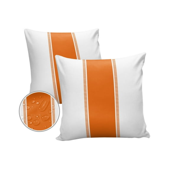 Pack of 2 Outdoor Pillow Covers, Orange White Stripes Minimalist Simple Pattern Waterproof Square Throw Pillowcase Cushion Decorative Pillow Covers for Couch Patio Tent, 16x16 in