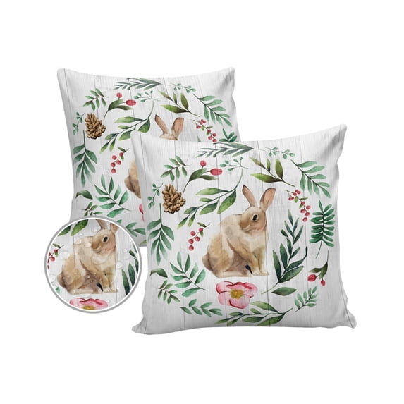 Pack of 2 Outdoor Pillow Covers, Pinecone Flower Leaf Wreath Wood Grain Animal Rabbit Waterproof Square Throw Pillowcase Cushion Decorative Pillow Covers for Couch Patio Tent, 16x16 in
