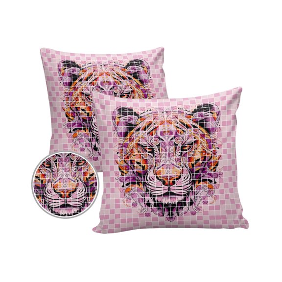 Pack of 2 Outdoor Pillow Covers, Pink Tiger Head Pink Buffalo Plaid Waterproof Square Throw Pillowcase Cushion Decorative Pillow Covers for Couch Patio Tent, 16x16 in