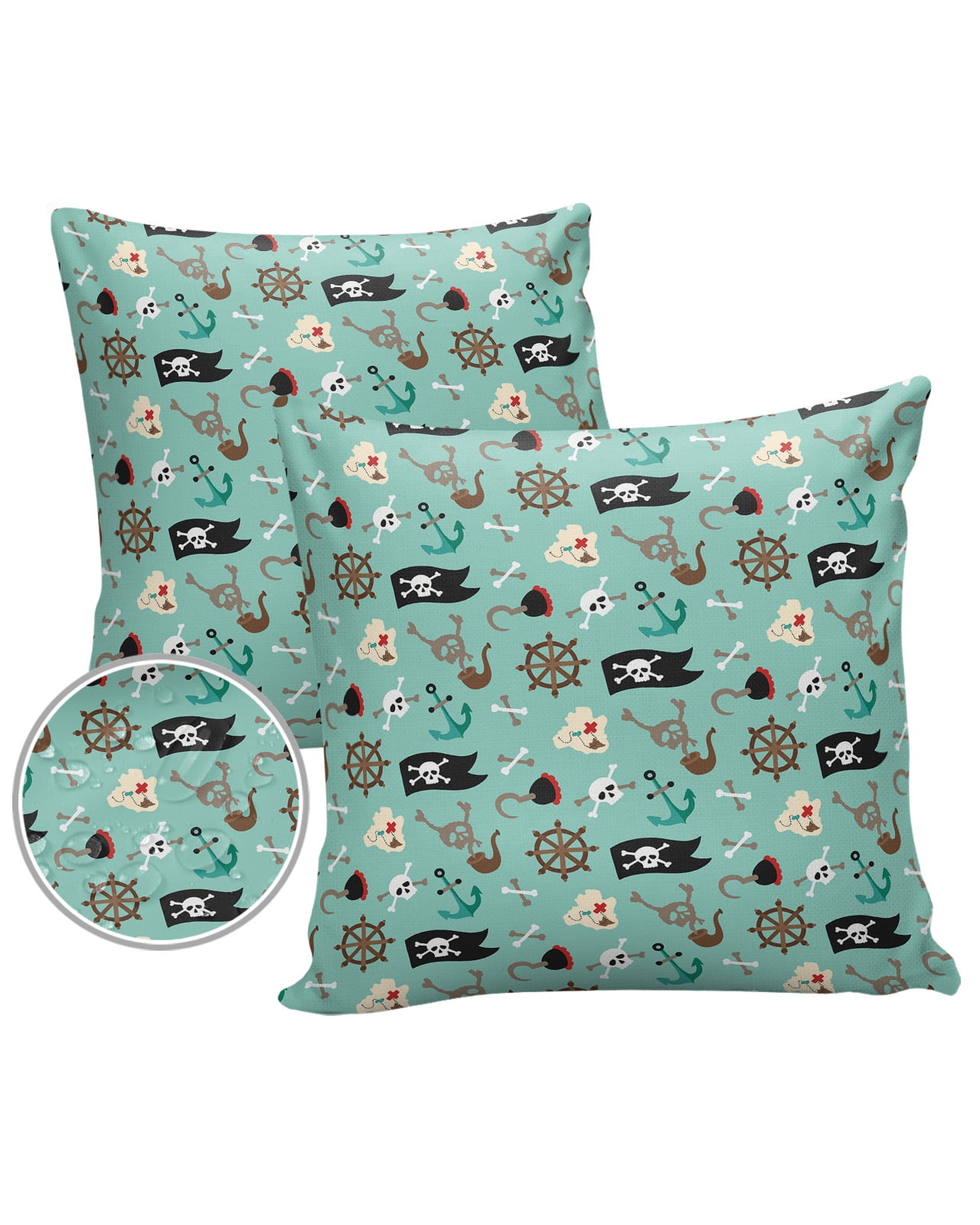 Pack of 2 Outdoor Pillow Covers, Pirate Flag Rudder and Hook Waterproof Square Throw Pillowcase Cushion Decorative Pillow Covers for Couch Patio Tent, 20x20 in