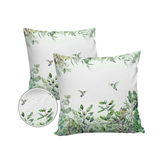 Pack of 2 Outdoor Pillow Covers, Plants Leaves Green Hummingbird Watercolor Style Waterproof Square Throw Pillowcase Cushion Decorative Pillow Covers for Couch Patio Tent, 16x16 in