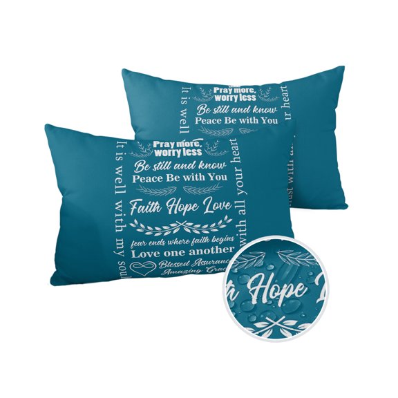 Pack of 2 Outdoor Pillow Covers, Pray More, Worry Less Touching Quotes Aqua Background Waterproof Square Throw Pillowcase Cushion Decorative Pillow Covers for Couch Patio Tent, 20x12 in