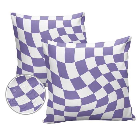 Pack of 2 Outdoor Pillow Covers, Purple White Block Lattice Plaid Waterproof Square Throw Pillowcase Cushion Decorative Pillow Covers for Couch Patio Tent, 16x16 in