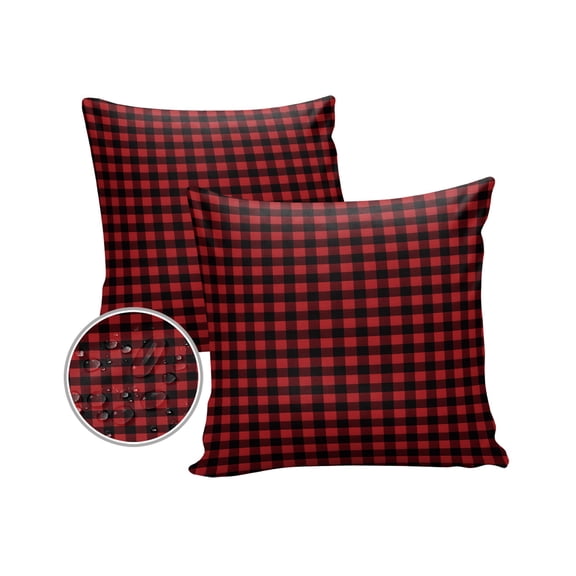 Pack of 2 Outdoor Pillow Covers, Red and Black Classic Lattices Pattern Waterproof Square Throw Pillowcase Cushion Decorative Pillow Covers for Couch Patio Tent, 16x16 in