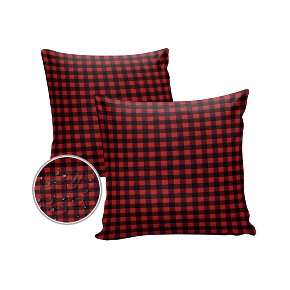 Pack of 2 Outdoor Pillow Covers, Red and Black Classic Lattices Pattern Waterproof Square Throw Pillowcase Cushion Decorative Pillow Covers for Couch Patio Tent, 18x18 in