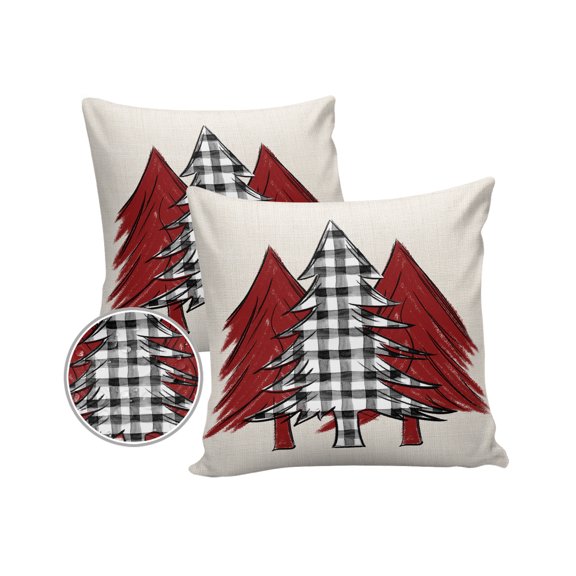 Pack of 2 Outdoor Pillow Covers, Red and Black White Plaid Christmas Tree Waterproof Square Throw Pillowcase Cushion Decorative Pillow Covers for Couch Patio Tent, 18x18 in