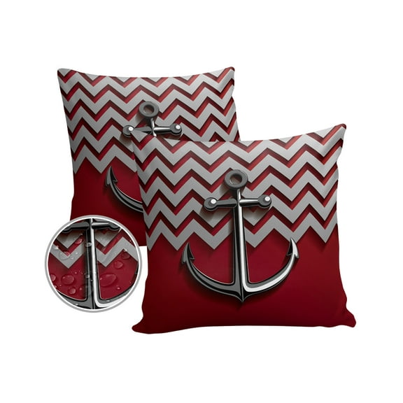 Pack of 2 Outdoor Pillow Covers, Red Chevron Nautical Anchor Waterproof Square Throw Pillowcase Cushion Decorative Pillow Covers for Couch Patio Tent, 16x16 in
