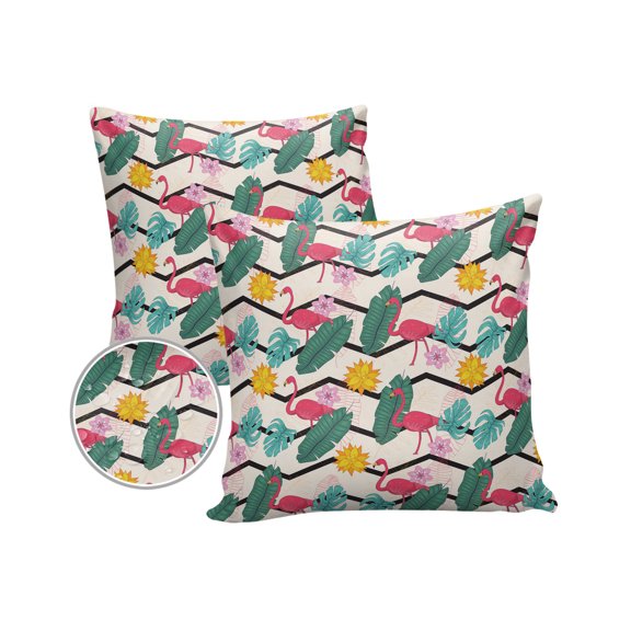 Pack of 2 Outdoor Pillow Covers, Red Flamingo Flower Palm Tree Leaves Zig-Zag Wave Waterproof Square Throw Pillowcase Cushion Decorative Pillow Covers for Couch Patio Tent, 16x16 in