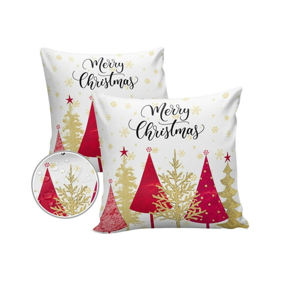 Pack of 2 Outdoor Pillow Covers, Red Gold Christmas Tree Winter Snowflake Waterproof Square Throw Pillowcase Cushion Decorative Pillow Covers for Couch Patio Tent, 20x20 in